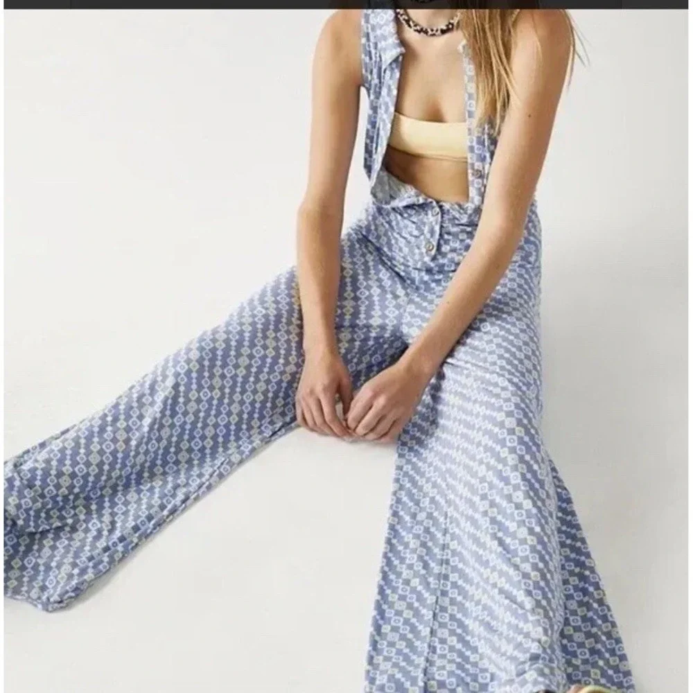 Free People Shayla‎ Blue & Yellow Wide Leg Jumpsuit S